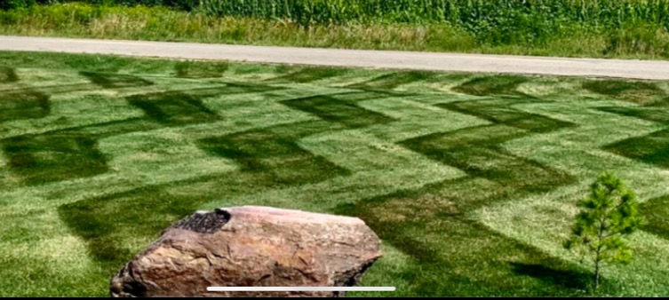 Checkerboard mowing pattern beside a country road